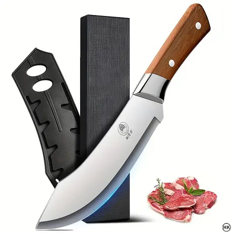 Hand Forged Durable Stainless Steel Professional Chef Knives Set - Kitchen Utensils with Ergonomic Design, Bone Shaving Tool, Multi-Task Cleaver, Curved Scraping Blade, Protective Cover for Cutting Tasks
