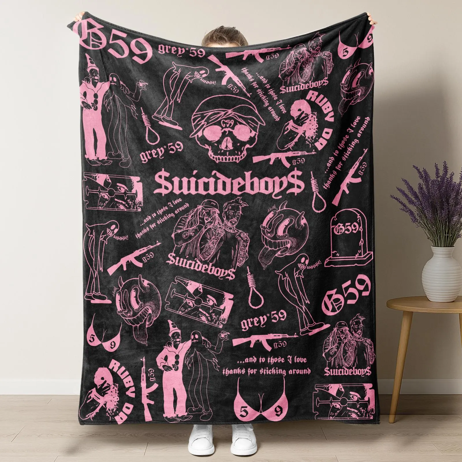Retro Punk Full-Wrap Print Fleece Blanket - Premium Soft Pink Black Horror Skull & Clown Art Throw for Sofa Naps, Camping, Fan Collectible Gifting