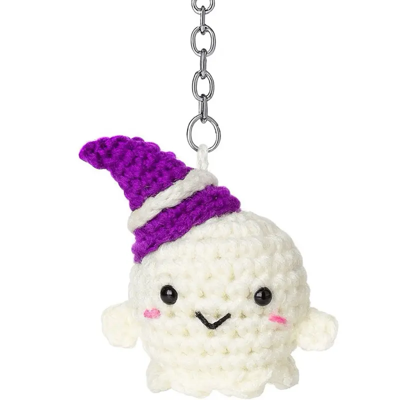 Spooky Cute Ghost Keychain with Purple Hat Adorable Crochet Design for Fun and Quirky Accessories
