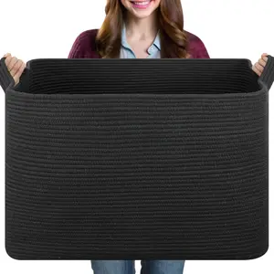 108L  Blanket Basket, 24.8" x 16.2" x 16.2" Rectangle Woven Storage Baskets for Living Room, , Bedroom,  Basket with Handle (Black)