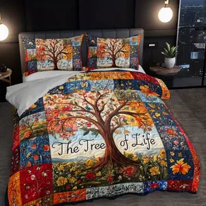 Life Tree Patchwork Quilt Set, 3pcs Farmhouse Style Bedding (1 Quilt + 1/2 Pillowcases), High Definition Print, All Seasons Home Dorm Use