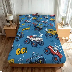 3pcs Monster Truck Rally Bedding Set with Racing Truck & VROOOM! Graphic Design - Blue Monster Truck Theme Fitted Sheet & 2 Pillowcases for Boys' Bedroom, ' Room Decor - Machine Washable, Fits Standard Beds
