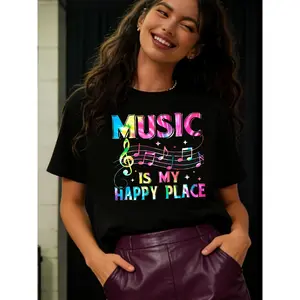Music Is My Happy Place T Shirt for Women, Colorful Music Notes Graphic Tee, Funny Music Lover Shirt, Casual Short Sleeve Black Top, Aesthetic Music Quote T Shirt, Gift for Music Lovers, Singer Music Teacher Tee