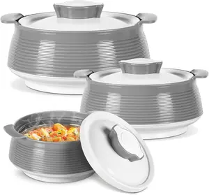 Double Walled Insulated Inner Stainless Steel Casserole for Hot Food, 3-Piece Set Hot Pot with Lid, Serving Bowl for Food and Roti, Grey Venice, Sizes 62, 45, 28 oz