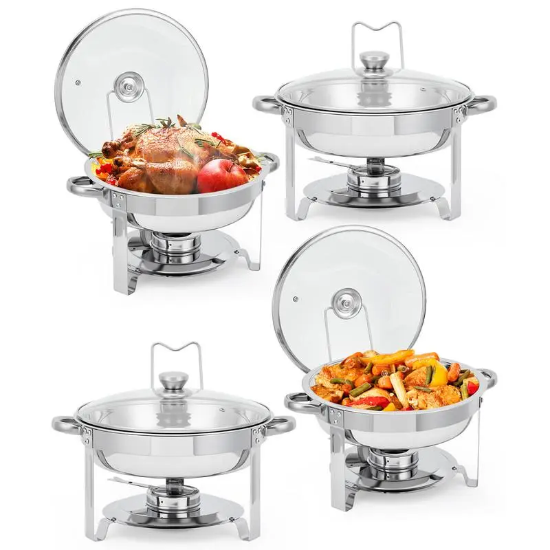 Gaomon 4-Pack 5 QT Stainless Steel Round Chafing Dish Buffet Set - Includes Trays, Glass Lids, Lid Holders - for Party, Dinner Serving, Tray