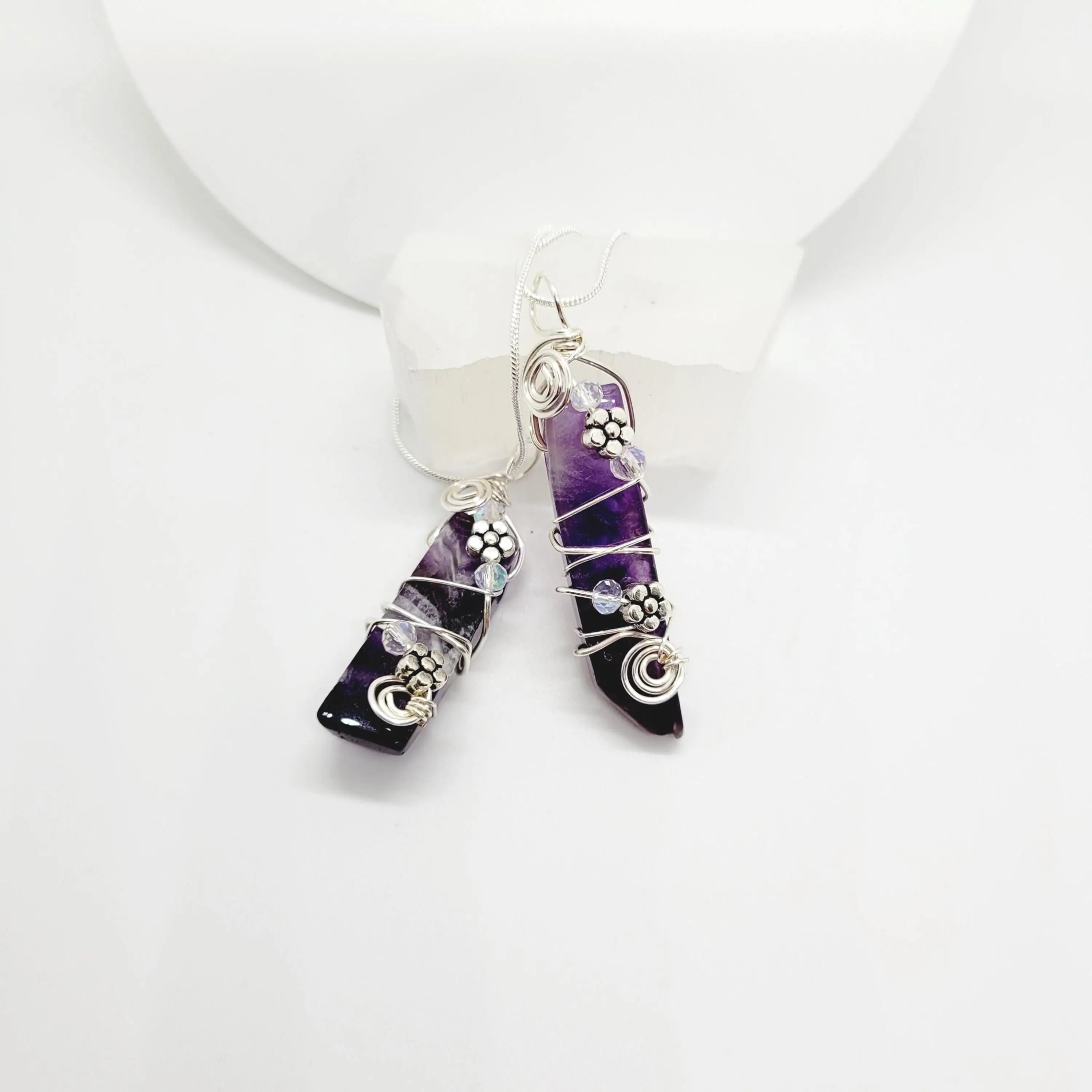 Dream Amethyst Pendant Necklace – Handmade Wire Wrap with Flowers – Purple Crystal Jewelry
