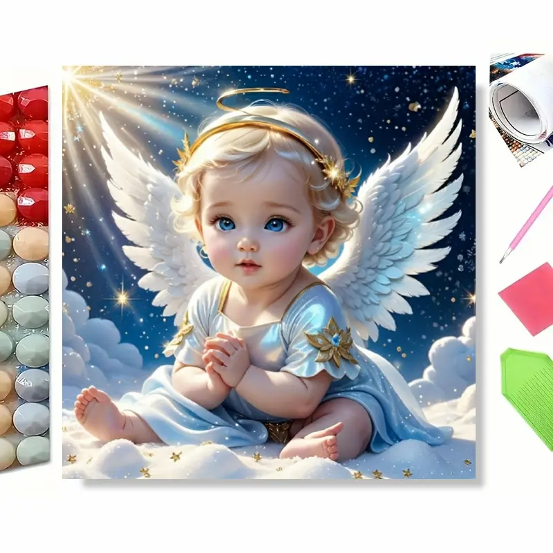 5D Diamond Painting Kit - Diamond Pattern Design Serene Angelic Cherub in Celestial Clouds | Full Drill DIY Art for Spiritual Home Decor, Perfect for Meditation, Christmas, Memorial & Relaxation | Craft a Heavenly, Peaceful Scene to Unwind & Cherish