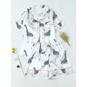 Cute Giraffe Print Women's Pajamas, Short Sleeve + Shorts Set, Orange Contrast Piped Lapel Cardigan, Chest Pocket, Soft Satin Smooth Breathable Loose Loungewear 2 Piece Set