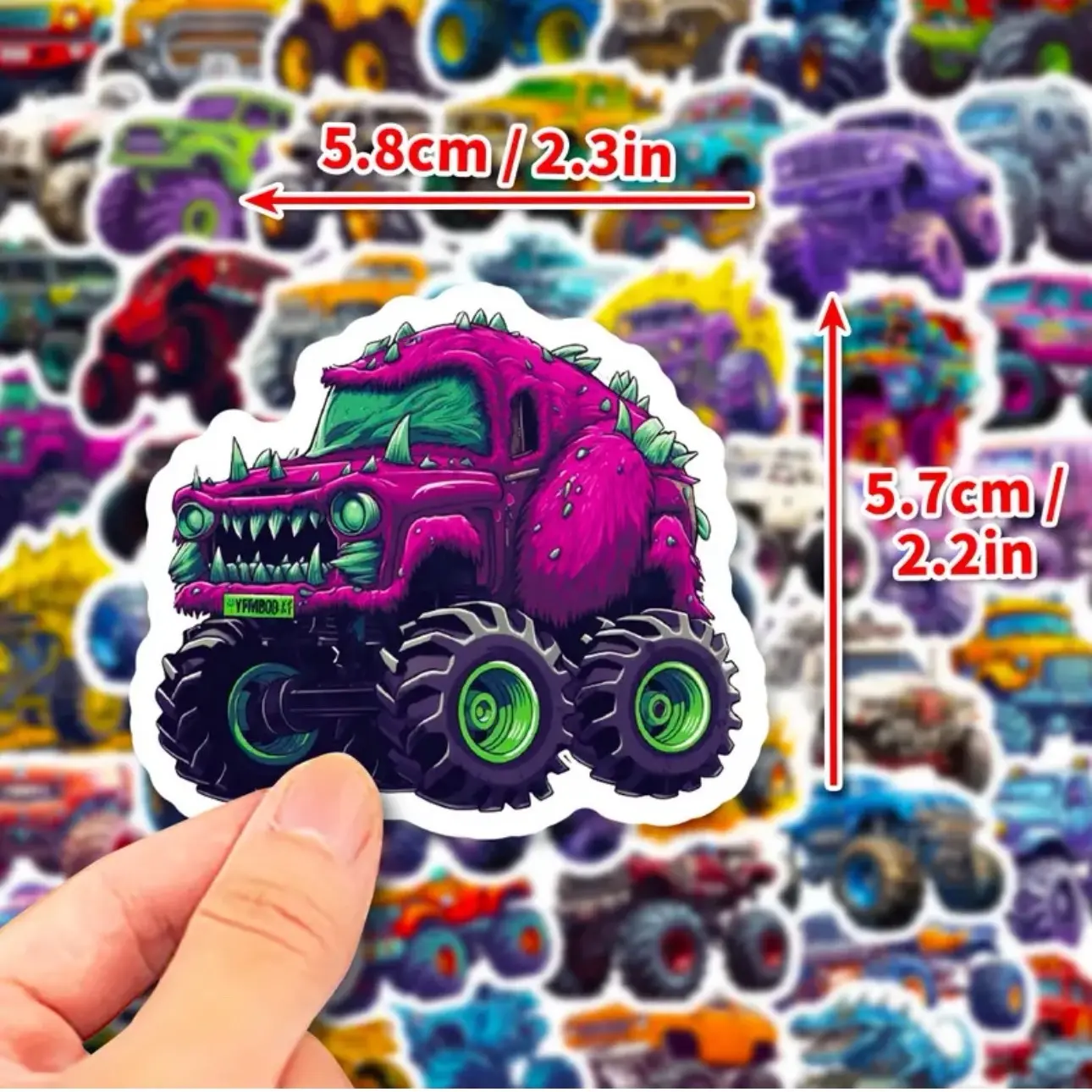 50 pack of Bigfoot off-road monster trucks stickers and decals.  No duplicates and Waterproof. Great for water bottles, laptop computers, iPads, birthdays and holidays