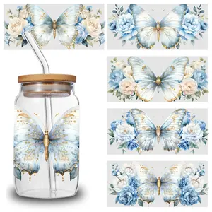 5 Sheets Blue Floral   Stickers Designs   cup wrap Household   Transfer Stickers for Glass Cups Plastic Self-Adhesive Labels Inspiring Words aesthetic cute vintage bundle UV DTF creative craft practical joke gift girl kid teen adult diy premium accessory