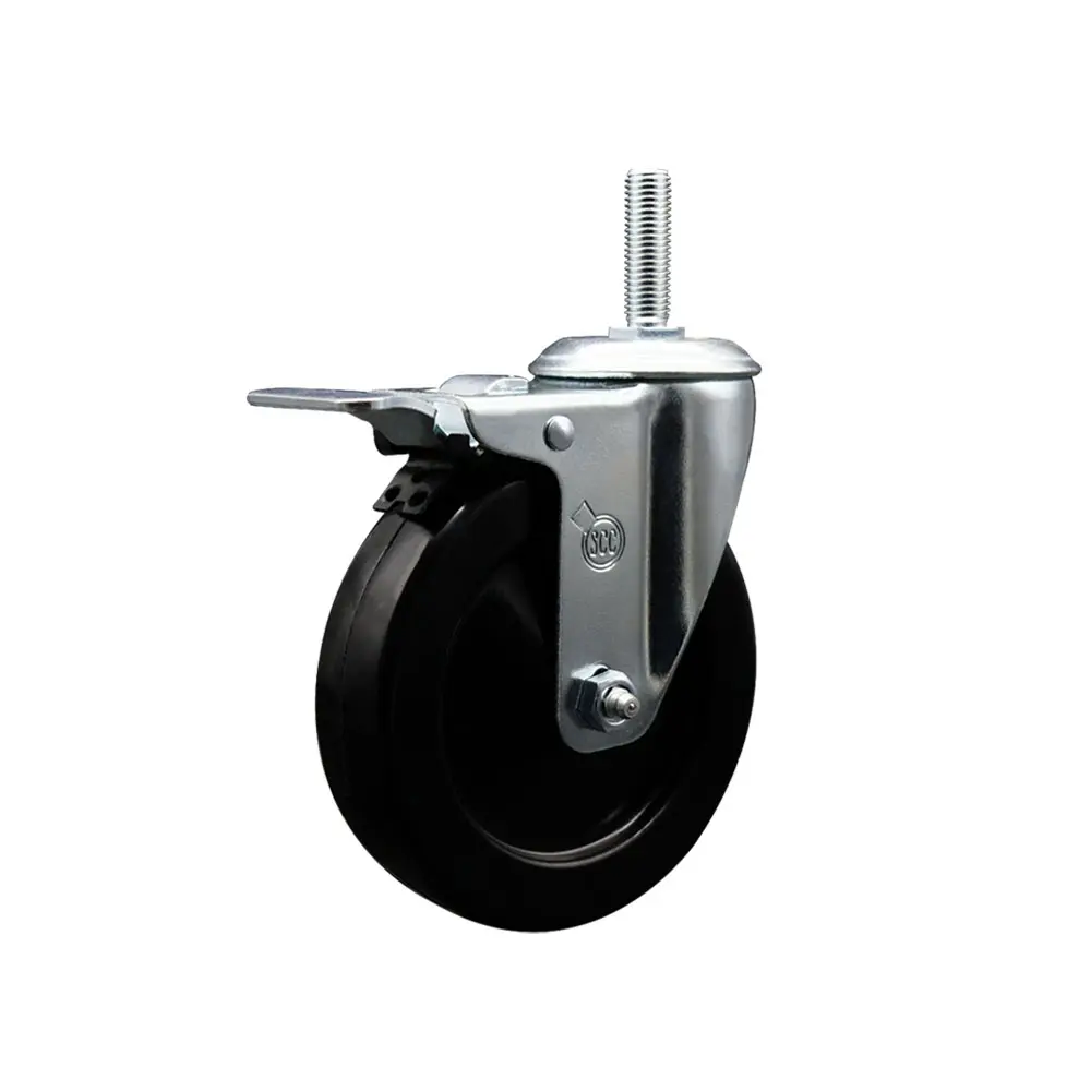 Service Caster SCC-TSTTL20S514-SRS-58212 Soft Rubber Swivel Threaded Stem Caster, 5x1.25 in Black Wheel, 0.63 in Stem, Total Locking Brake, 275 lbs Load Capacity, Quiet Movement, Bolt Hole, Ideal for Material Handling Carts, Shop Equipment