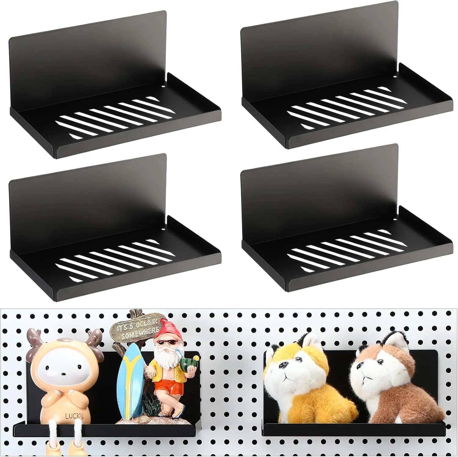 4 Pack  Pegboard Shelves Wall Organizer Metal Pegboard Shelf Steel Tray Accessories Organizing Tools for Craft  Kitchen(8 x 4.7 x 3.5 Inches,Black)