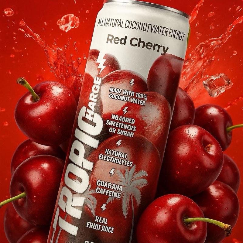 Tropicharge 100% Coconut Water Energy Drink with Guarana Extract (24 pack 330ml/6 flavours) - Zero Sweeteners or Added Sugar - All Natural - Passion Fruit, Forest Apple, Red Cherry, Lemon, Peach, Watermelon