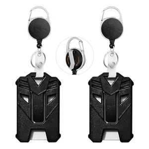 1/2/3Set ID Badge Holders with Rotation Clip, Tactical Hard Plastic Card Holder Holds 3-5 Cards, 4" x 2.65", Keychain Retractable 24" Fiber Pull Cord, Black Reels