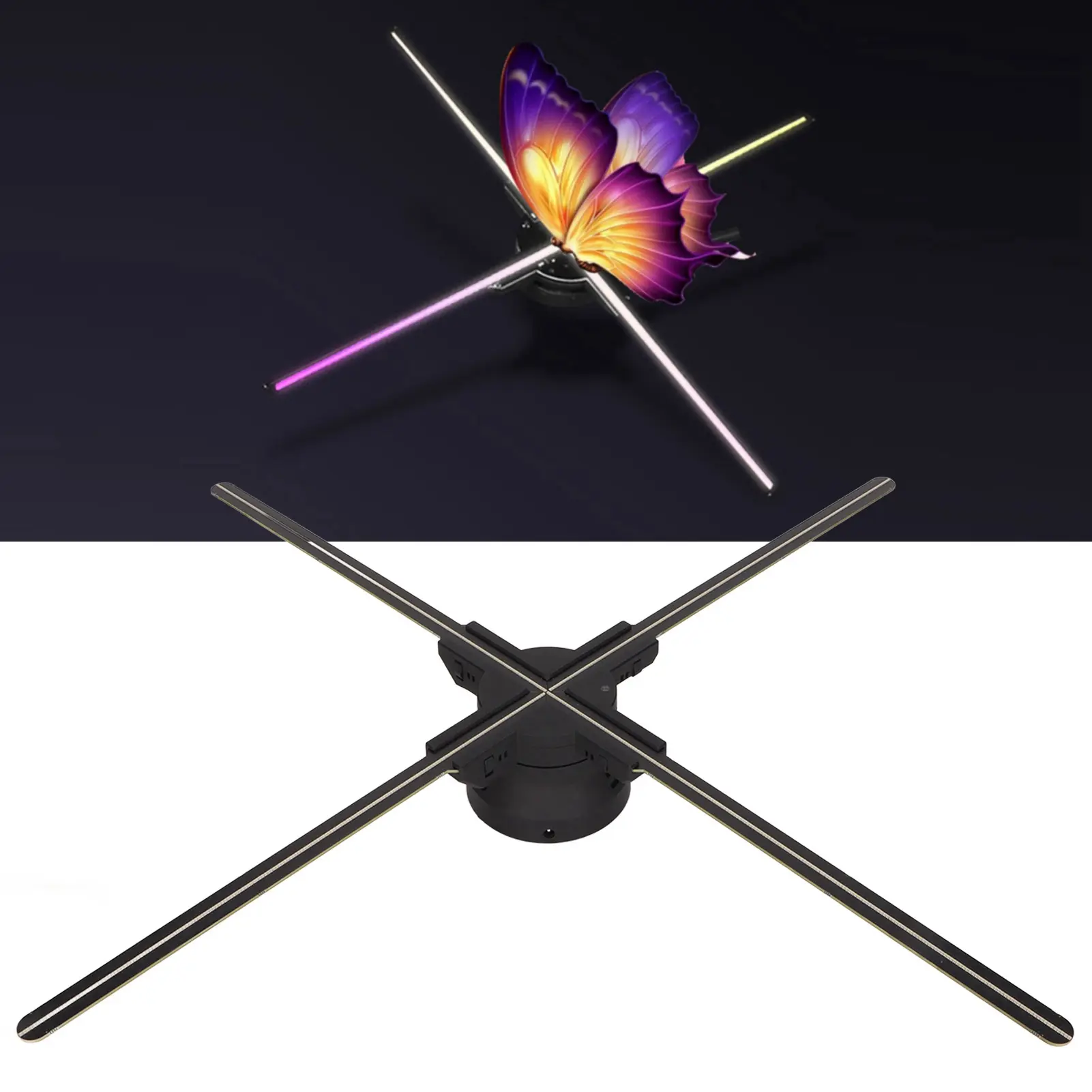 3D Hologram Projector Fan Display, 1024x768P Resolution, WiFi APP & Remote Control, Android Compatible, Audio Support, Memory Card & Adapter Ready, Wall Mountable Holographic Advertising Machine for Shops, Exhibitions, Black Background, 3D Hologram Fan