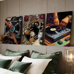 3 Counts Wooden Framed Canvas Painting, Elegant Hands Playing Vinyl Record Images, Exquisite Poster, Perfect Living Room Decoration, Modern Art, Fashion Family Poster, Wall Art Decoration, Waterproof Art, Modern Art Design, Artistic
