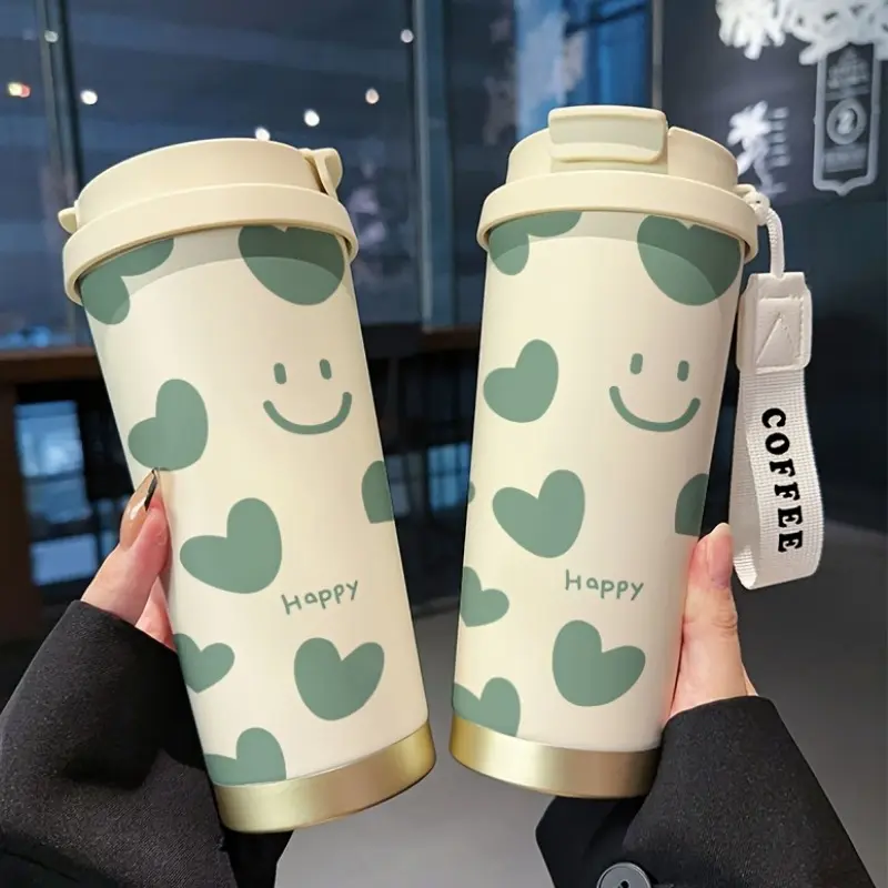 [Straw, Compatible]18oz Insulated Coffee Cup | Double-Wall Vacuum Travel Mug, Leakproof Thermos for Hot & Cold Drinks | Cute Joyful Face & Heart Design, Light Green - Valentine's Day Birthday Gift, Office & Travel Essential