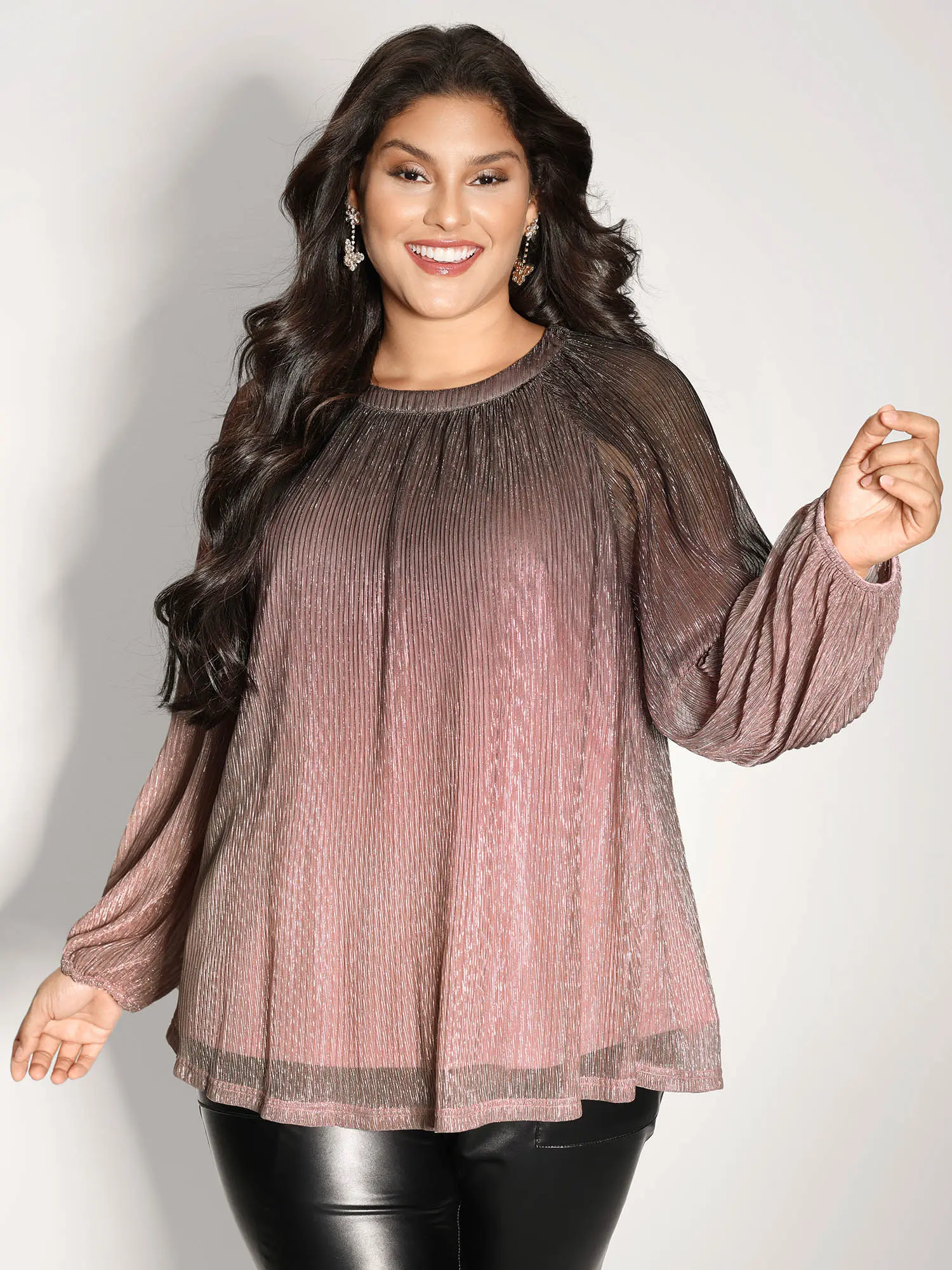 BloomChic Women's Plus Size Tops - Longsleeves Lantern Sleeve Shirts, Multicolor Gradient Textured Flowy Blouse, Polyester-Spandex Fabric, Summer Turn-Up Party Outfit, Summerfinds, [M-6X] Swimweek