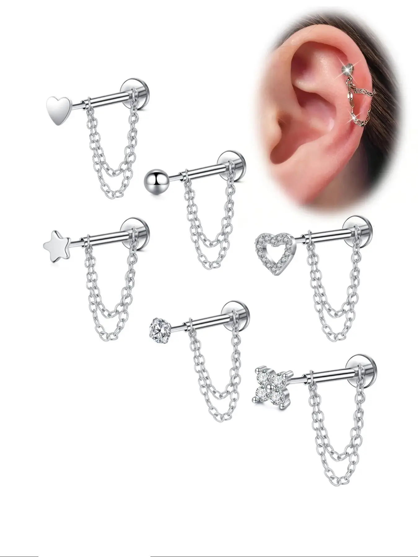 Stainless Steel Cubic Zirconia Designs Cube Earrings, 20g Push-back Studs, Heart Star Flower Design, Unisex Cartilage Ear Pins, Fashionable Jewelry Gift