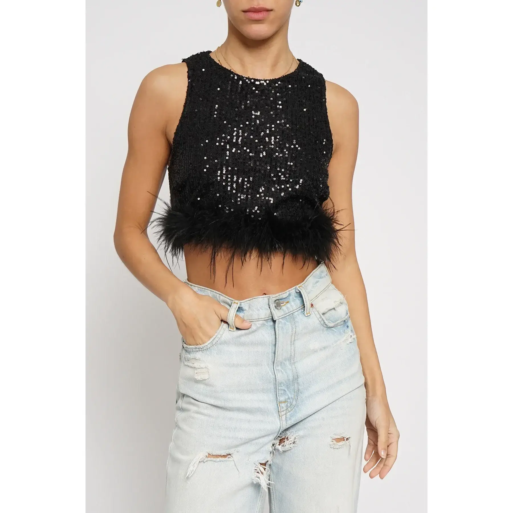 Women's Crop Tank Top with Feather, Sequence Details - GST2690