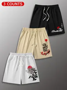 Men's 3-Pack Japanese Ukiyo-E Graphic Fitted Drawstring Shorts, Dragon & Wave Print Casual Streetwear Joggers, Asian Art Inspired Athletic Shorts #JapaneseStreetwear #UkiyoEPrint #DragonShorts #MensCasualWear #TikTokMadeMeBuyIt