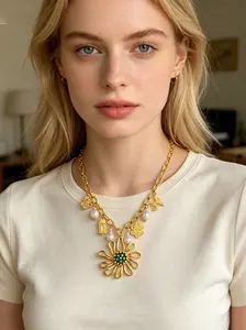 Boho Sunflower Pendant Necklace, Stainless Steel Chain with Pearl, DIY Charm, Summer Fashion Unique Necklace