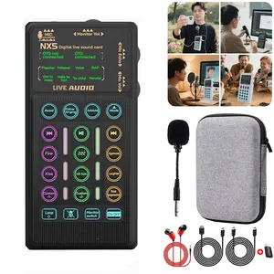 Small Live Mixer Portable Handheld Sound Card with Bluetooth 5.0, Adjustable Voice Changer, Rechargeable Battery, Remote Control for Podcasting, Karaoke, and Live Streaming