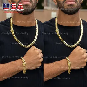 Mens Jewelry Set 12MM Wide Miami Cuban Link Chain Necklace And Bracelet 18K Gold Plated Soild Stainless Steel