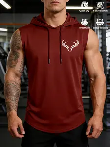 Line Art White Bull Head Print Men's Hooded Vest, Minimalist Versatile, Essential Basic, All Occasions/Holiday Gift