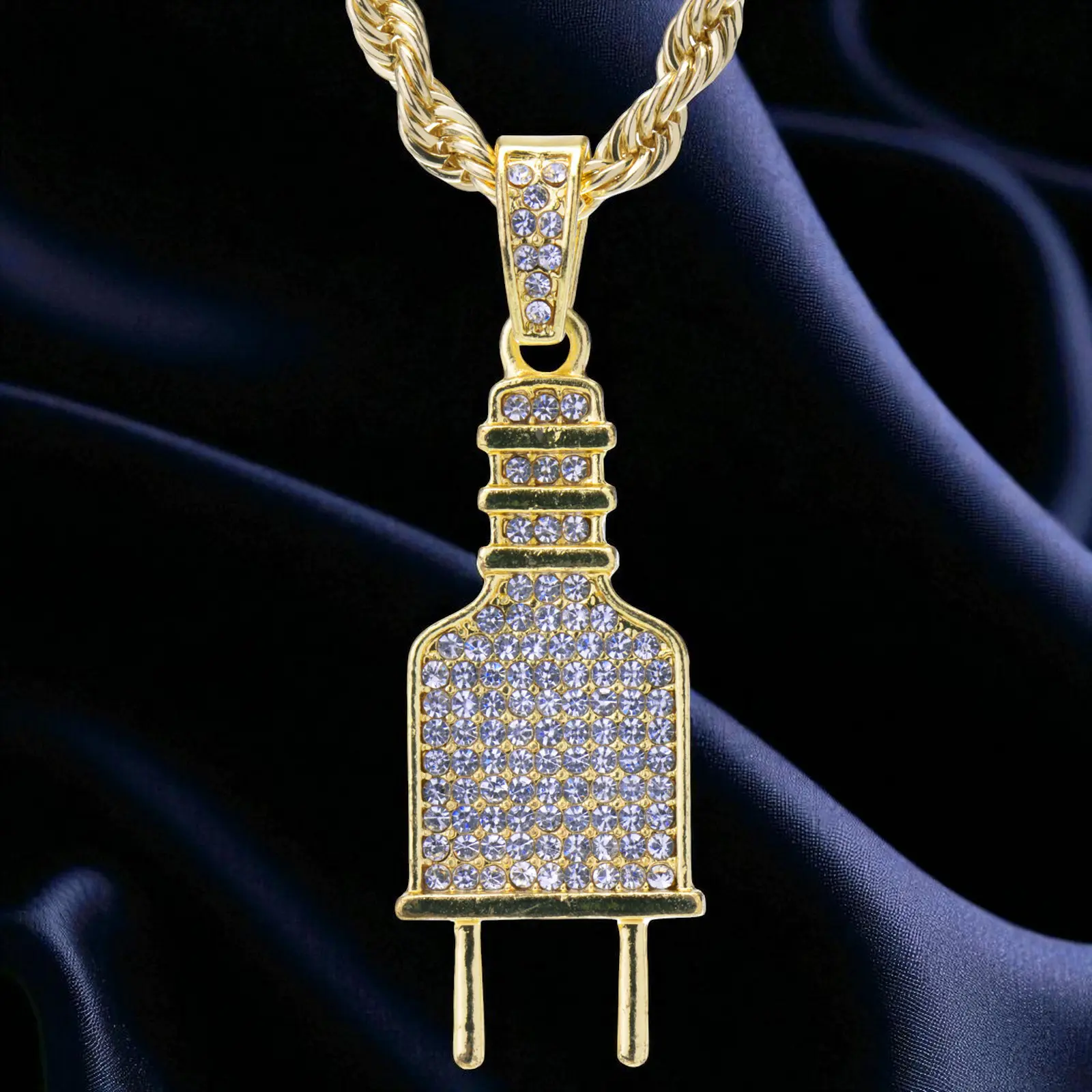 MaxBling81 Unisex Exquisite Iced Out CZ Statement Necklace - Gold-Silver Plated Power Plug Design, 4mm 24in Rope Chain, Hip Hop Daily Wear Costume Jewelry Gift, Iced Out Necklaces, Exquisite Necklace
