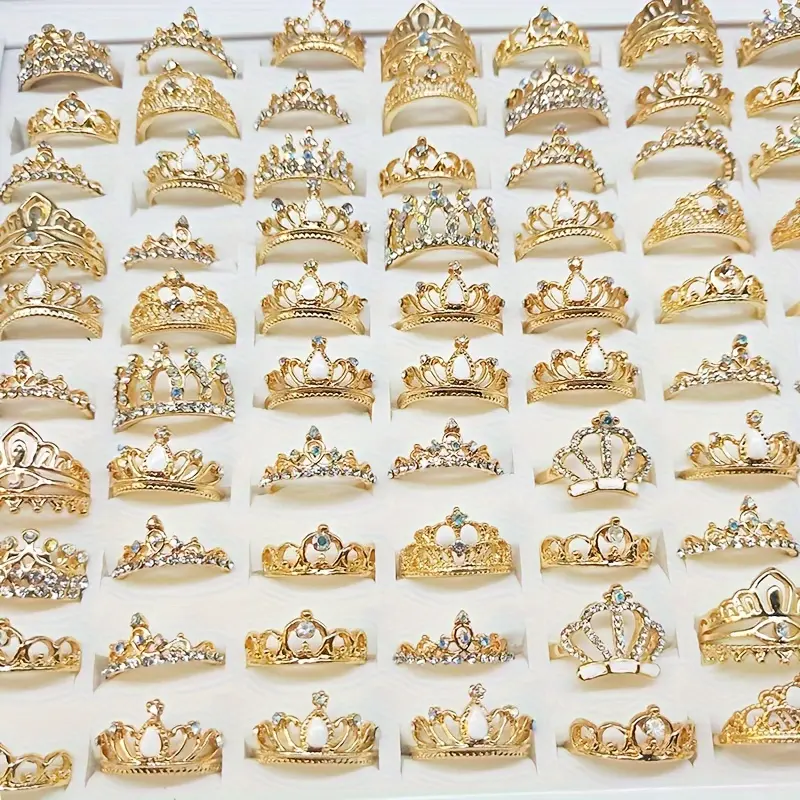 Women's Golden Inlaid Crown-Shaped Rhinestone Ring Set, 50/100pcs Stackable Engagement Wedding Jewelry - Festive Party Supplies Gift Decoration