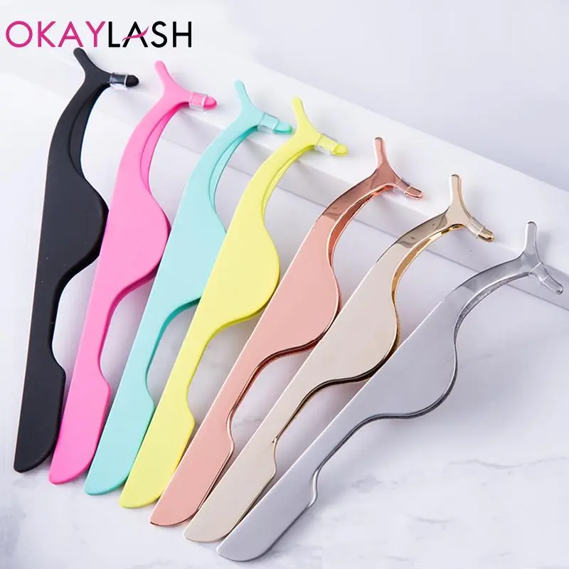 OKAYLASH Stainless Gold False Eyelash Tweezers Rose Gold Fake Eye Lash Extension Multi Color Applicator Clamp Private Label 2026 New