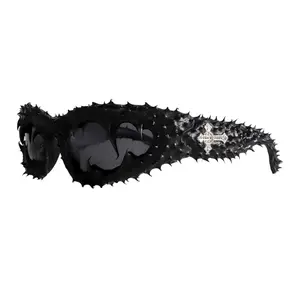 Edgy Spiked Wraparound Sunglasses - Brutalist Textured Frame with Bling Cross Embellishments, UV400 Shades Perfect for Cyberpunk Alt Girl Aesthetic and Festival Statement Looks