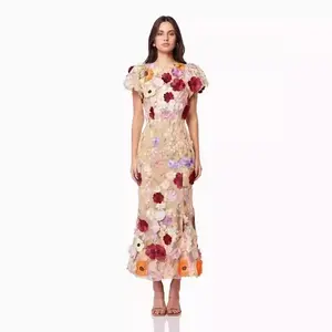 Bodycon Mermaid Dress 2025 New Round Neck Embroidered 3D Flower Puff Sleeve Mid-Length Dress Apricot Floral Shortsleeve Casual Womenswear Plus Size Heart Print Co-ord Fall Winter Lapel Lounge Sleeveless Lace Up Tank Skirt Set Spaghetti Strap A-Line Dress
