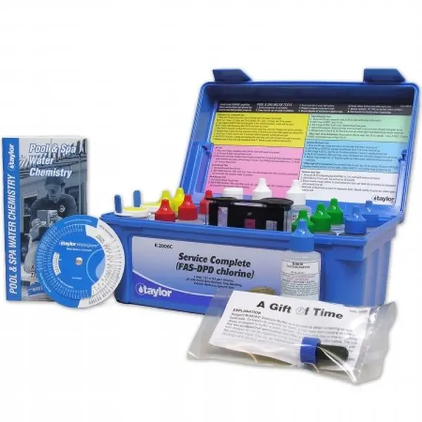 Taylor Technologies Service Complete Pool Water Test Kit for Pool Maintenance, 1 Drop = 0.2 or.5 ppm, 2 oz. Reagent Bottles, Includes Everything You Need