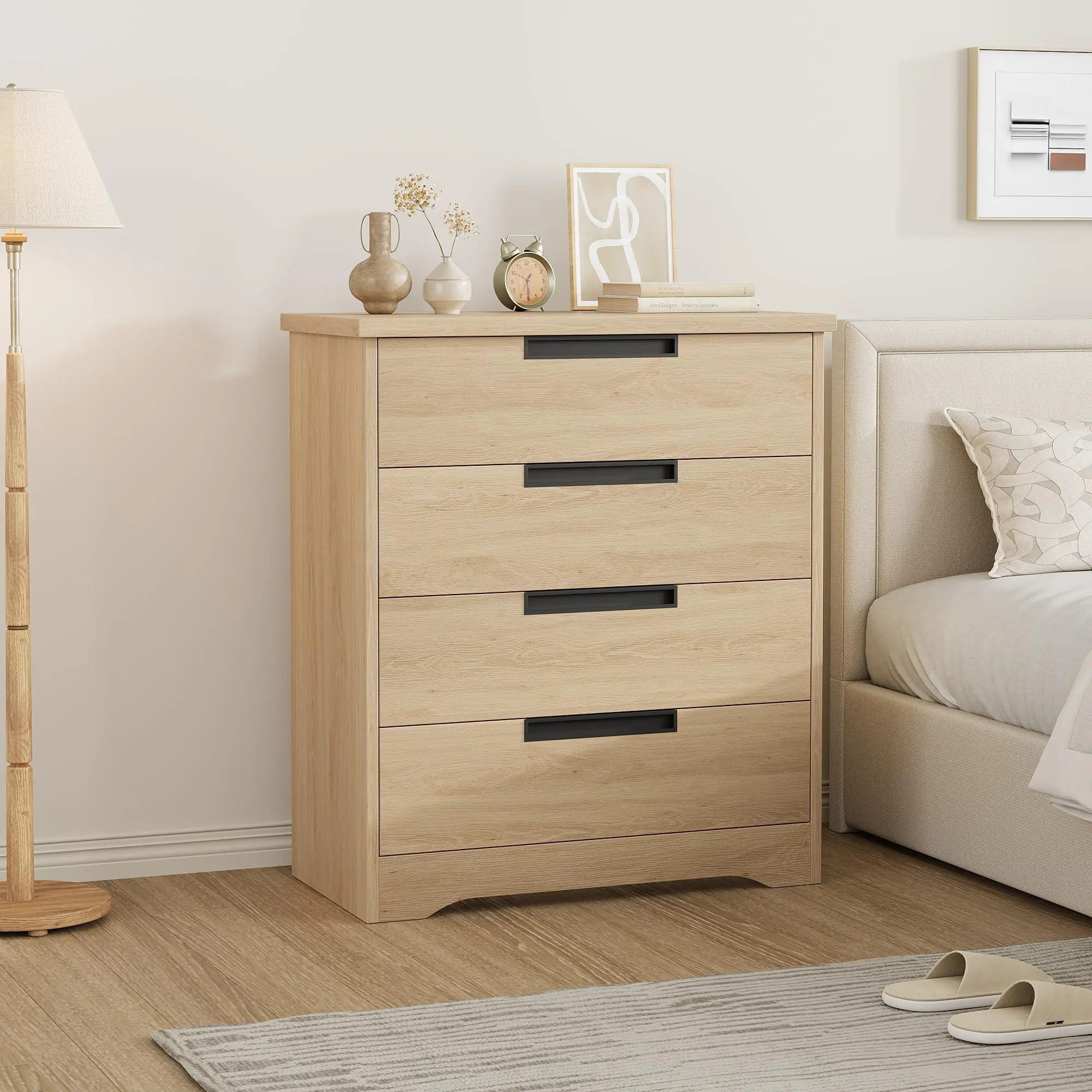 Garvee 30 In Rectangular Farmhouse Wood Nightstand with 4 Drawers, Large Indoor Bedroom End Table, Natural Oak Finish, Four Drawers