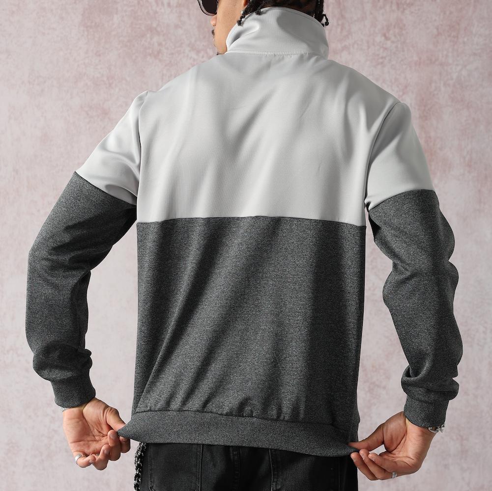 Men’s Lightweight Casual Collared Patchwork Jacket - Collegiate Style, Gray-White Contrast, Long Sleeve, Breathable Fabric, Zip-Up Closure, Side Pockets, Ultra-Versatile Fit