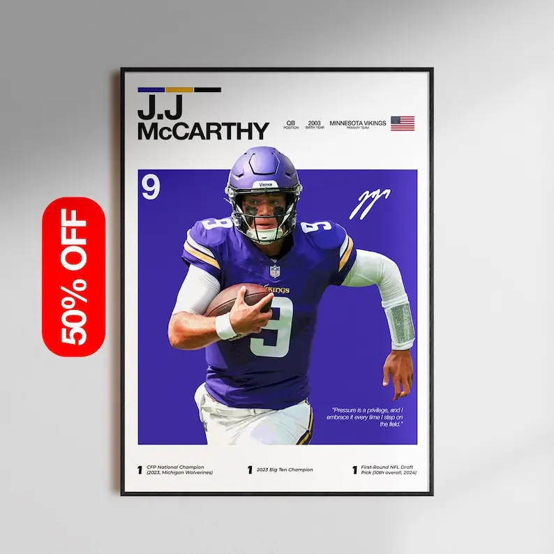 [Unframed Poster] J.J. McCarthy Poster, Minnesota Vikings Wall Art, NFL Football Print, Quarterback , Sports Decor Gift for Vikings Fans