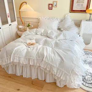 3-Piece White/Pink Wide Ruffle Lace Trim Soft Bedding Set, Includes 1 Duvet Cover & 2 Pillowcases, Korean Style for Girls bedroom, Single/twin/double/queen Sizes 120G fabric Excellent fabric for all seasons