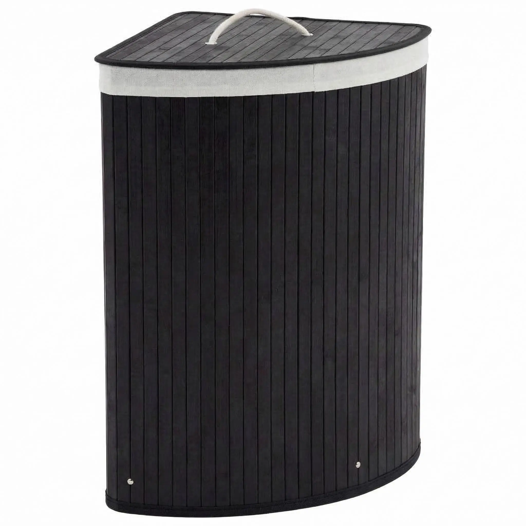 Space-Saving Corner Bamboo Laundry Hamper with Lid – 58L Large Collapsible Wicker Clothes Basket – Removable Washable Liner – Wooden Storage Bin for Bedroom, Bathroom, Apartment – Black