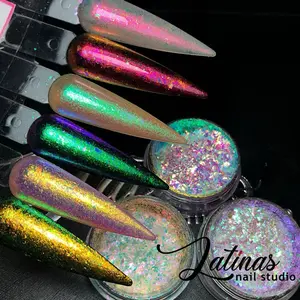 Latinas Nail Studio Holographic Glitter Flakes Set Decoration (Cosmetic Grade), Iridescent Opal Sequins Ultra-thin  Chrome Pigment Flakes Color-shift  Decorations for Gel Polish Manicure DIY at Home,  for Womens