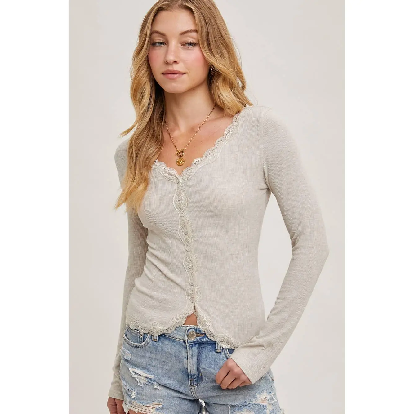 Lace Trim Oatmeal Cardigan Top