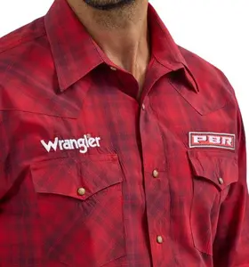 Wrangler® Men's PBR Logo Long Sleeve Button Down Shirt, Red