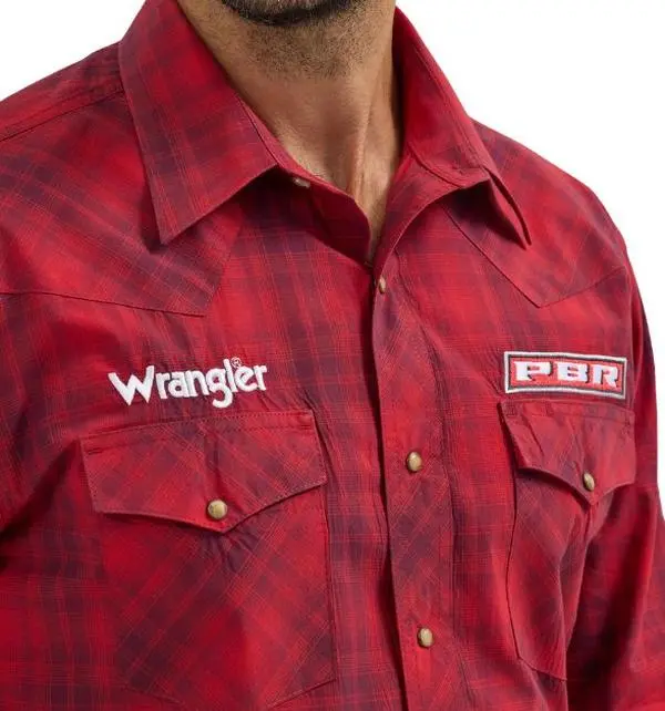 Wrangler® Men's PBR Logo Long Sleeve Button Down Shirt, Red