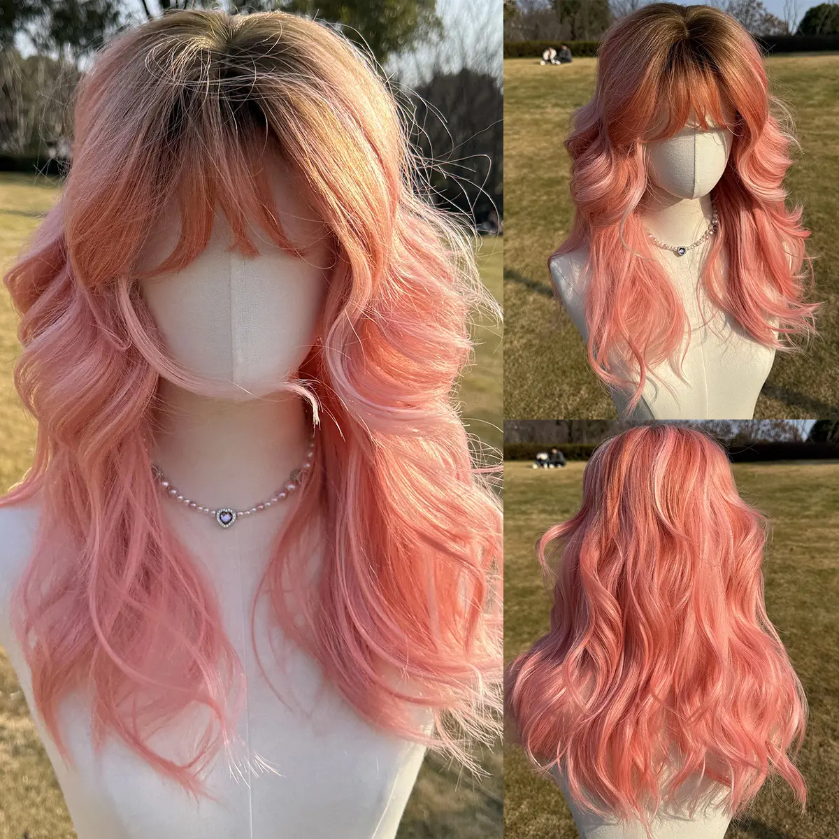 SMILCO/22Inch Ombre Brown Ash Pink Medium Curly With Bangs Synthetic Wig/SM420 SMILCO/22Inch Ombre Brown Ash Pink Medium Curly With Bangs Synthetic Wig/SM420
