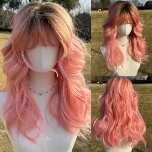SMILCO/22Inch Ombre Brown Ash Pink Medium Curly With Bangs Synthetic Wig/SM420