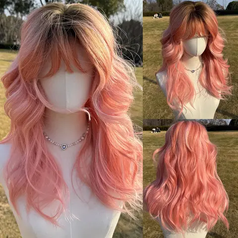SMILCO/22Inch Ombre Brown Ash Pink Medium Curly With Bangs Synthetic Wig/SM420