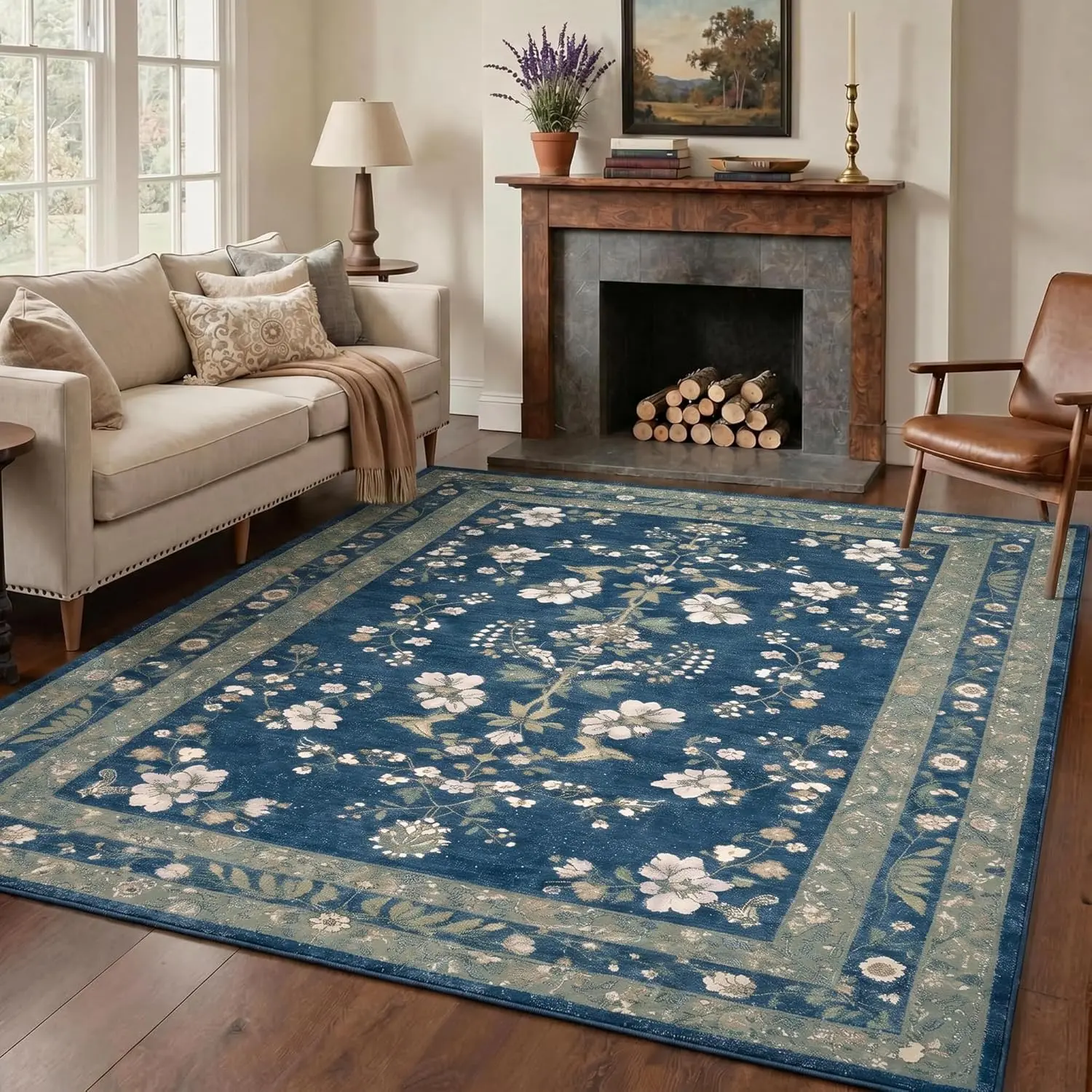 【Back To School】GENIMO Area Rugs for Living Room, Machine Washable Non Slip Vintage Rugs, Low Pile Lightweight Chenille Print Rug for Bedroom, Dining Room, Home Office, Dusty Navy