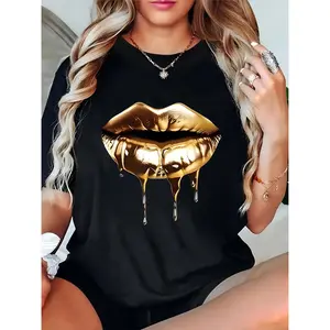 Women's Black T-Shirt with Shiny Metallic Gold Dripping Lips Graphic - Trendy Casual Party Outfit for Daily & Special Occasions