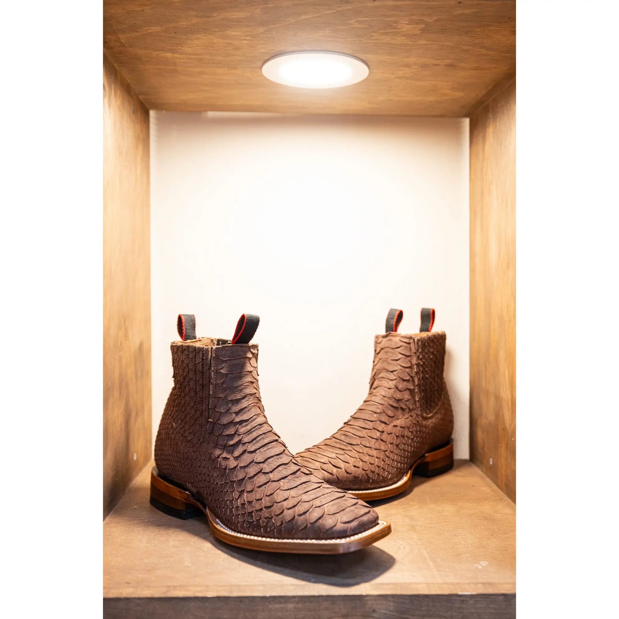 Texanos: Midsize Jumbo Python Matte Brown Square Toe Ankle Boot